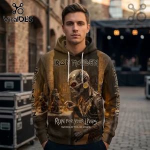 Iron Maiden hoodie featuring Eddie as a cyborg, Egyptian hieroglyphics, and text reading Run For Your Lives Tour 2026.!
