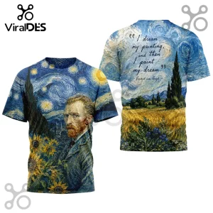 All-over print t-shirt featuring Vincent van Gogh portrait with Starry Night background and a quote on the back.!