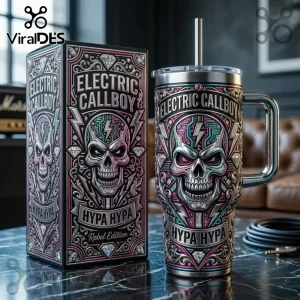 Electric Callboy stainless steel tumbler with matching box, featuring a neon skull, lightning, and Hypa Hypa branding.!