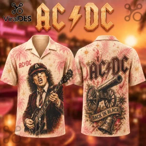 AC/DC button-down shirt featuring Angus Young on front and a cannon with Back In Black text on back in pink tropical print.!