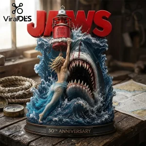 Jaws 50th Anniversary resin statue featuring a great white shark, a woman, and an Amity Island lantern on a wooden base.!