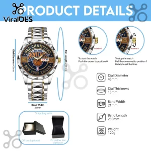 New York Knicks NBA Champions themed analog watch with silver and gold metal band, 43mm dial, and date display feature.!