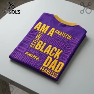 Purple t-shirt with yellow collar featuring 3D-style text reading I Am A Grateful Amazing Handsome Black Dad.!