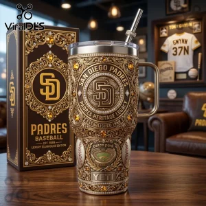 San Diego Padres engraved gold tumbler with rhinestones, Petco Park logo, and matching brown display box on wood table.!