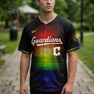 Black baseball jersey with rainbow gradient, white Guardians script, white C logo, and rainbow sleeve trim.!
