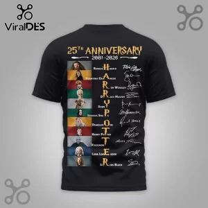 Black t-shirt featuring 25th anniversary Harry Potter character portraits, cast signatures, and gold vertical logo text.!