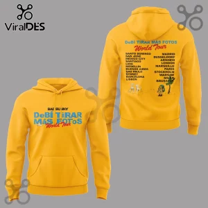Mustard yellow hooded sweatshirt featuring Bad Bunny DeBí Tirar Más Fotos World Tour graphics on front and back.!