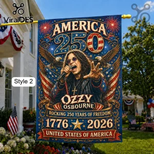 Ozzy Osbourne garden flag featuring America 250 text, bald eagles, fireworks, and 1776-2026 dates on a patriotic blue background.!