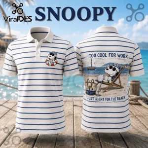 White polo shirt with blue horizontal stripes featuring Snoopy wearing sunglasses and a sailor hat on the beach.!