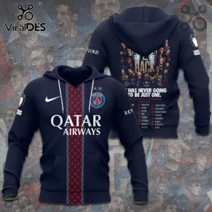 Navy blue PSG soccer hoodie featuring Qatar Airways logo, crest, team roster, and Champions League graphics on back.!