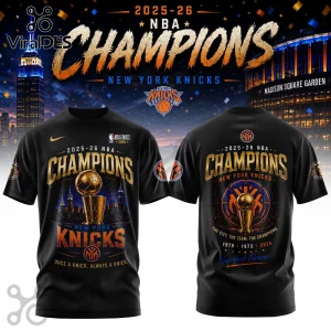 Black New York Knicks 2025-26 NBA Champions t-shirt with gold trophy graphic, city skyline, and team logo prints.!