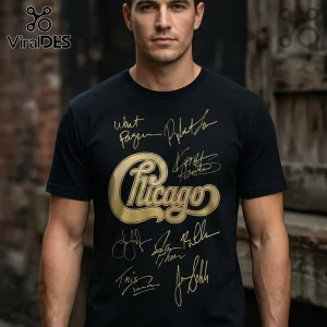 Black cotton t-shirt featuring a metallic gold Chicago band logo and band member signatures on the chest.!