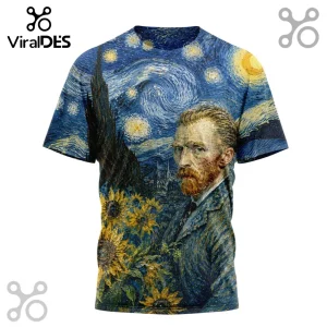 Short-sleeve t-shirt with all-over print of Vincent van Gogh self-portrait, sunflowers, and The Starry Night painting.!