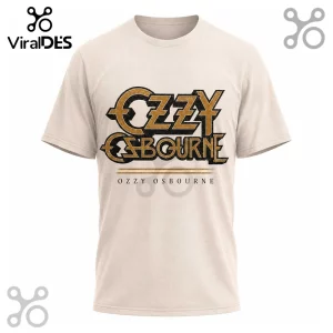 Cream colored cotton crewneck t-shirt featuring a distressed black and gold Ozzy Osbourne logo graphic on the chest.!