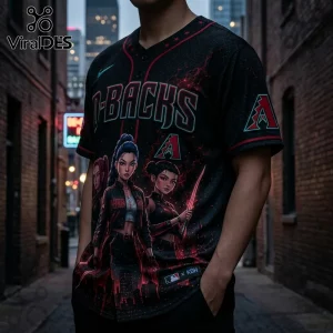Black Arizona Diamondbacks baseball jersey featuring stylized anime-style female characters, red accents, and city skyline.!