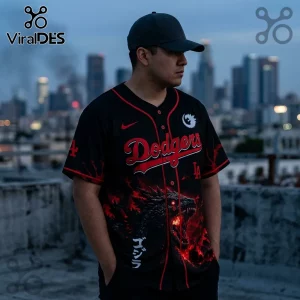Man wearing black and red Dodgers jersey with Godzilla graphic, Japanese kanji, and Los Angeles skyline background.!