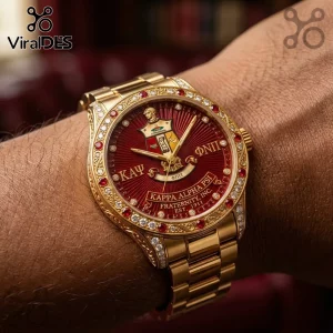 Gold-tone Kappa Alpha Psi fraternity watch with red sunray dial, diamond and ruby bezel, and engraved Greek letters.!