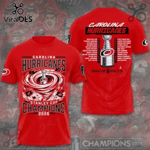 Red Carolina Hurricanes 2026 Stanley Cup champions graphic t-shirt with player roster list and team logo on back.!