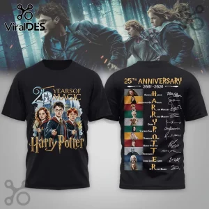 Black Harry Potter 25th anniversary t-shirt featuring film characters on front and character portraits with autographs back.!