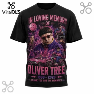 Black t-shirt featuring Oliver Tree graphic print with pink lightning, a sad balloon, a convertible, and motorcycle.!