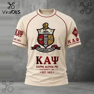 Kappa Alpha Psi cream t-shirt with crimson trim, fraternity crest, Greek lettering, and EST. 1911 text print.!