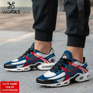Paris Saint-Germain themed sneakers with blue, white, and red color scheme, black laces, and visible air cushioning soles.!