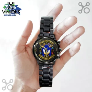 Sonic the Hedgehog watch with black metal link band, featuring gold text Unlimited Possibilities and six colored gems.!