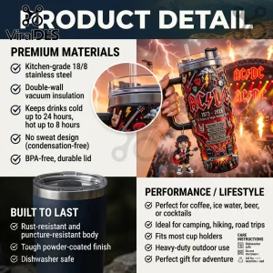 AC/DC stainless steel insulated tumbler with Angus Young figure charm, red and black rock concert graphics, and clear lid.!