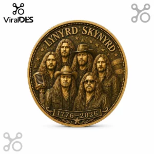 Bronze-toned commemorative coin featuring the band Lynyrd Skynyrd, a vintage microphone, and the years 1776-2026.!