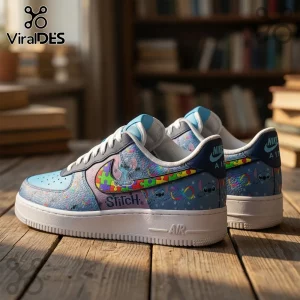 Custom Stitch-themed sneakers with blue leather uppers, rainbow puzzle piece logos, and Stitch character prints.!