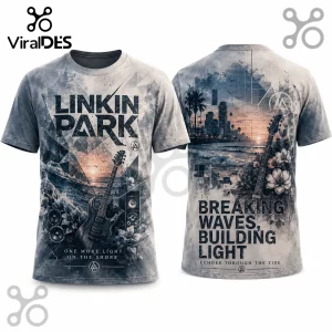 Linkin Park graphic t-shirt featuring a guitar, beach, city skyline, and text One More Light On The Shore in grey tones.!