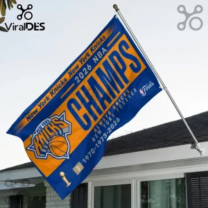 New York Knicks 2026 NBA championship flag with blue and orange colors, team logo, and championship years text.!