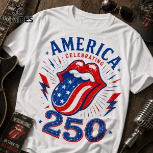 White cotton t-shirt featuring The Rolling Stones tongue logo with American flag patterns and the text America 250.!