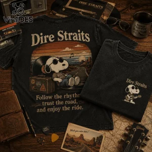 Black vintage-wash cotton t-shirts with Snoopy graphic, Dire Straits text, and desert landscape sunset illustration.!