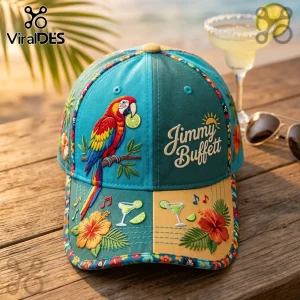 Jimmy Buffett baseball cap with teal and yellow panels featuring embroidered macaw, hibiscus flowers, and margarita icons.!