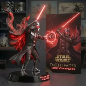 Darth Vader Chrome Void Lord Edition collectible figure with red lightsaber, flowing cape, and base on display.!