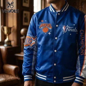 Blue satin New York Knicks NBA Finals Champions varsity jacket with orange basketball graphics and white snap buttons.!