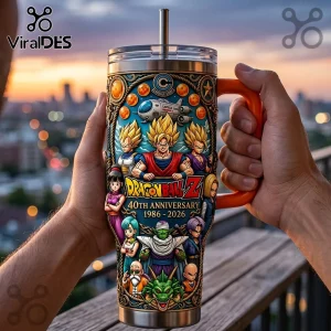 Dragon Ball Z 40th anniversary stainless steel tumbler with anime character collage, orange handle, and straw.!