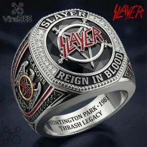 Slayer band commemorative metal ring with black stone, red enamel logo, and engraved text Seasons in the Abyss and 1981.!
