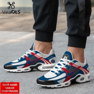 Customized Paris Saint-Germain sneakers with blue, red, and white mesh design, PSG crest, and air-cushioned soles.!