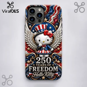 Hello Kitty in patriotic Uncle Sam outfit with wings on a phone case, featuring red, white, and blue star design.!