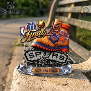 2026 NBA Finals collectible trophy featuring a tan work boot, Spurs stone base, and orange New York Knicks logo emblem.!
