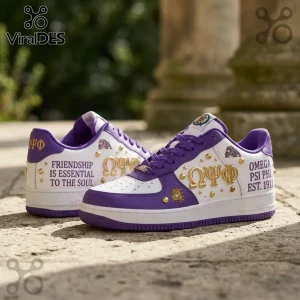 Omega Psi Phi sneakers in white and purple leather with gold Greek letters, bulldog emblem, and metal stud accents.!