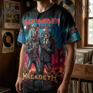 Iron Maiden and Megadeth baseball jersey featuring Eddie and Vic Rattlehead graphics with Run For Your Lives text.!
