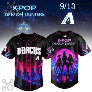 Arizona Diamondbacks baseball jersey featuring K-pop Demon Hunter graphic with pink and blue city skyline and silhouettes.!