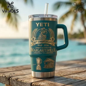 Yeti Jimmy Buffett 80th Anniversary Teal 40oz Tumbler with parrot graphic, blender icon, and Margaritaville text detail.