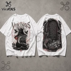 White graphic t-shirt featuring Viking ship, warrior, and Norse typography on front with runic stone quote on back.!