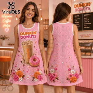 Pink sleeveless tank dress featuring Dunkin Donuts branding, iced coffee graphic, frosted donut, and floral patterns.!