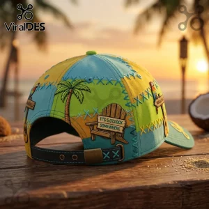 Jimmy Buffett Parrothead Tropical Baseball Cap featuring a blue and green pattern, beach chair, and palm tree graphics.