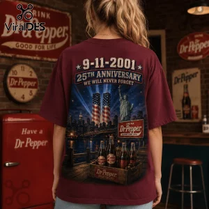 Dr Pepper Vintage 9/11 Memorial Anniversary Maroon T-Shirt featuring Statue of Liberty, American flags, and soda bottles.